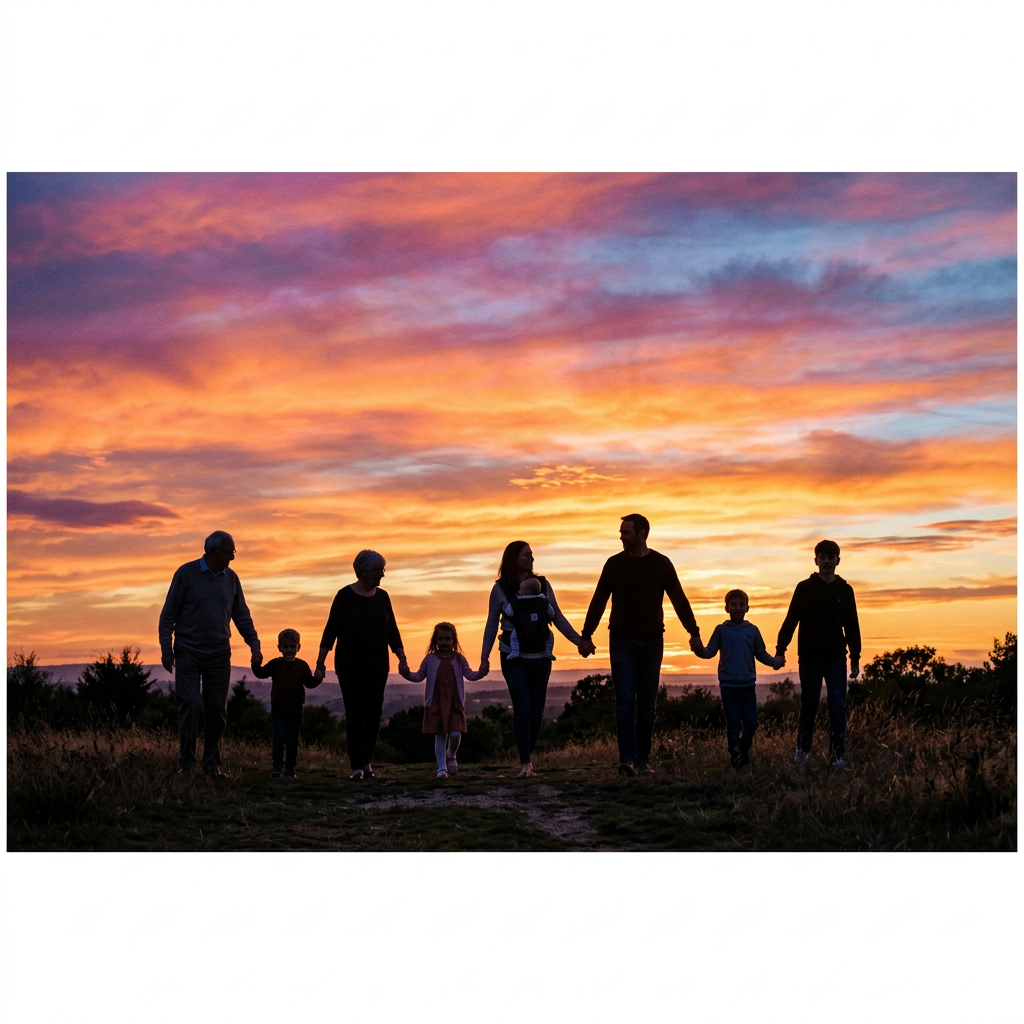 Family of eight walking hand in hand outdoors at sunset with vivid sky